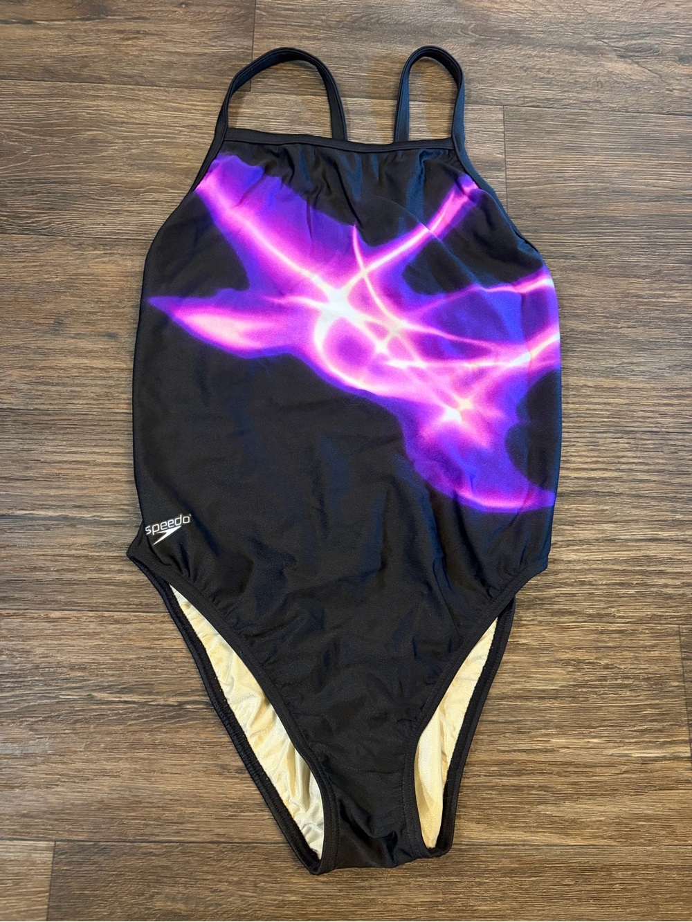 Vintage Speedo Swimsuit Women’s Black One Piece w/Purple Abstract Lined Size 32